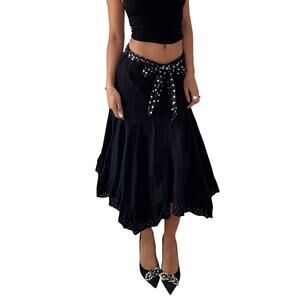 Vintage Black Cotton Eyelet Midi Skirt Polka Dot Bow Y2K French (S)